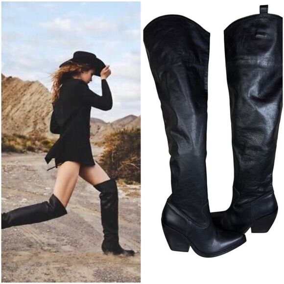 ZARA Black Leather Over-the-Knee Cowboy Boots 8.5 US / 39 EU Western Chic - Picture 1 of 15